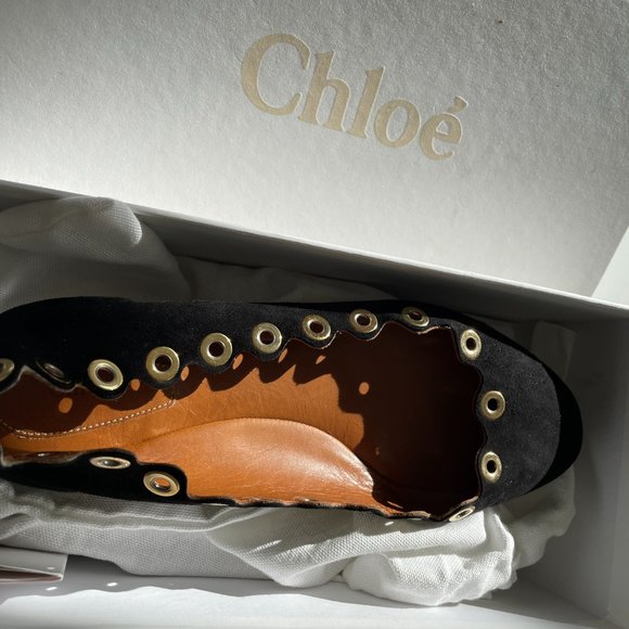 Chloe Scallop Black Ballet Shoes with Gold Embellishment - Picture 3 of 5